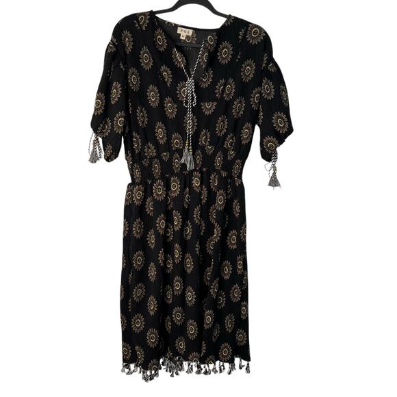 POL Boho Peasant Black Floral Artisan Midi Dress Cinched Waist Tassels Indie M - Picture 12 of 14